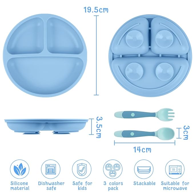 Vicloon Suction Plates, 3 Pcs Baby Toddler Plate Silicone, BPA Free Divided Plate with 2 Pcs Baby Bendable Spoons, Divided Plate Design,Silicone Grip Dish Microwave & Dishwasher Safe