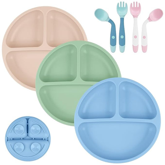 Vicloon Suction Plates, 3 Pcs Baby Toddler Plate Silicone, BPA Free Divided Plate with 2 Pcs Baby Bendable Spoons, Divided Plate Design,Silicone Grip Dish Microwave & Dishwasher Safe