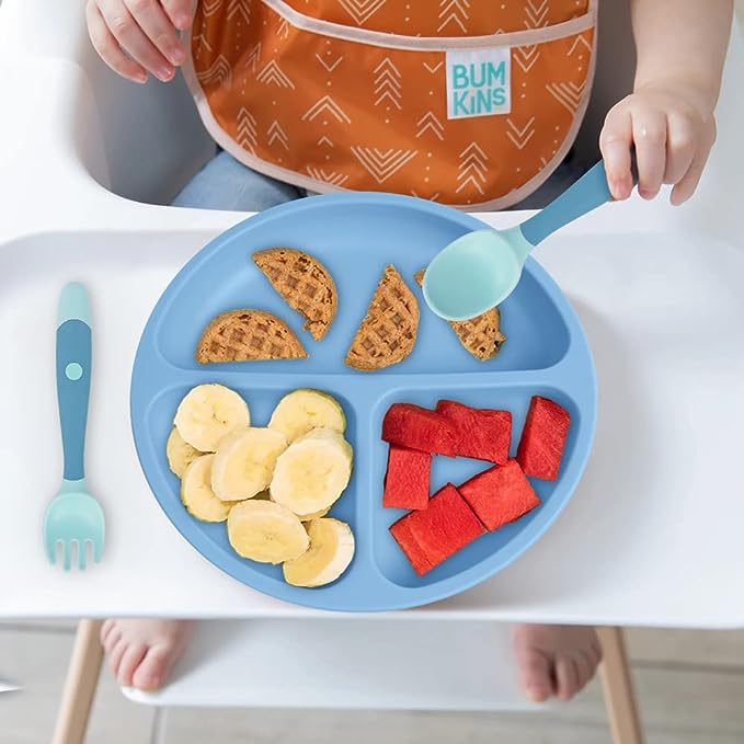 Vicloon Suction Plates, 3 Pcs Baby Toddler Plate Silicone, BPA Free Divided Plate with 2 Pcs Baby Bendable Spoons, Divided Plate Design,Silicone Grip Dish Microwave & Dishwasher Safe