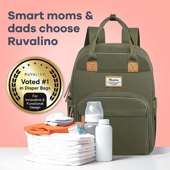 RUVALINO Diaper Bag Backpack, Multifunction Travel Back Pack Maternity Baby Changing Bags, Large Capacity, Waterproof and Stylish, Army Green