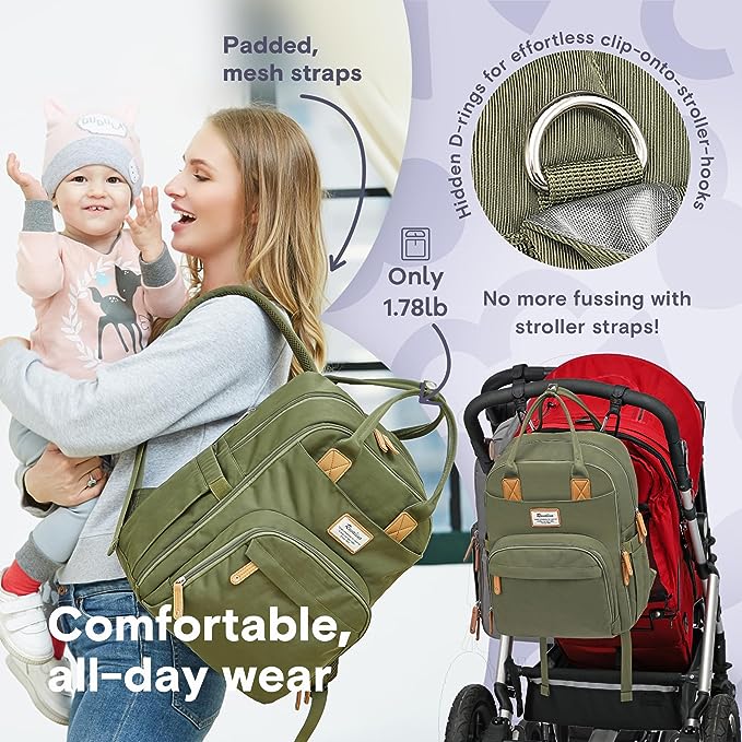 RUVALINO Diaper Bag Backpack, Multifunction Travel Back Pack Maternity Baby Changing Bags, Large Capacity, Waterproof and Stylish, Army Green